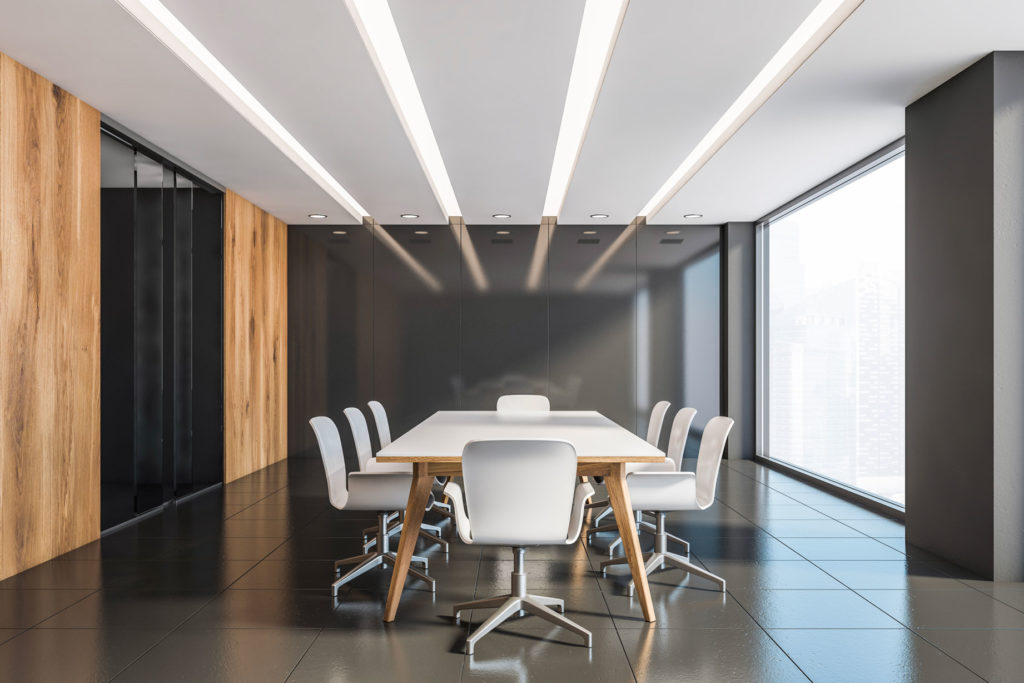 Wood and grey client meeting room, suitable for wealth management or fintech businesses