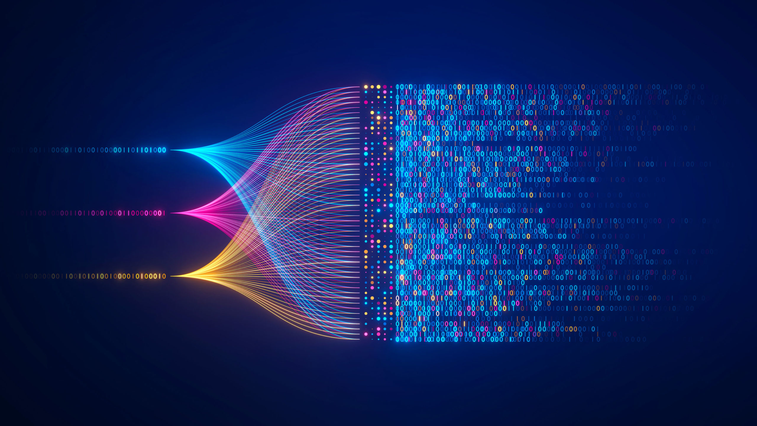 Three beams of coloured light subdivide into many lines, suggesting big data and data analytics