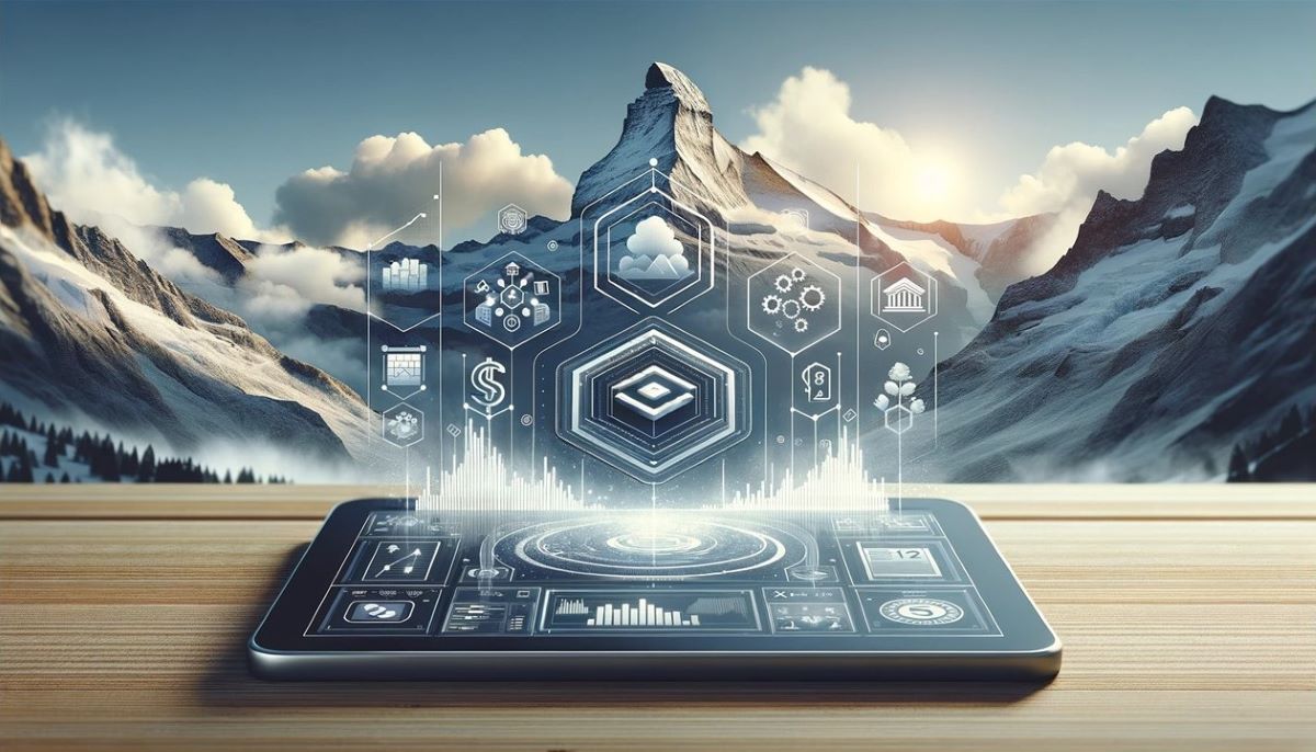 Swiss mountain with tablet suggesting digital adoption in Switzerland