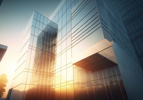 A futuristic corporate building bathed in sunlight, suggesting the potential bright future of digital private banking in a digital age