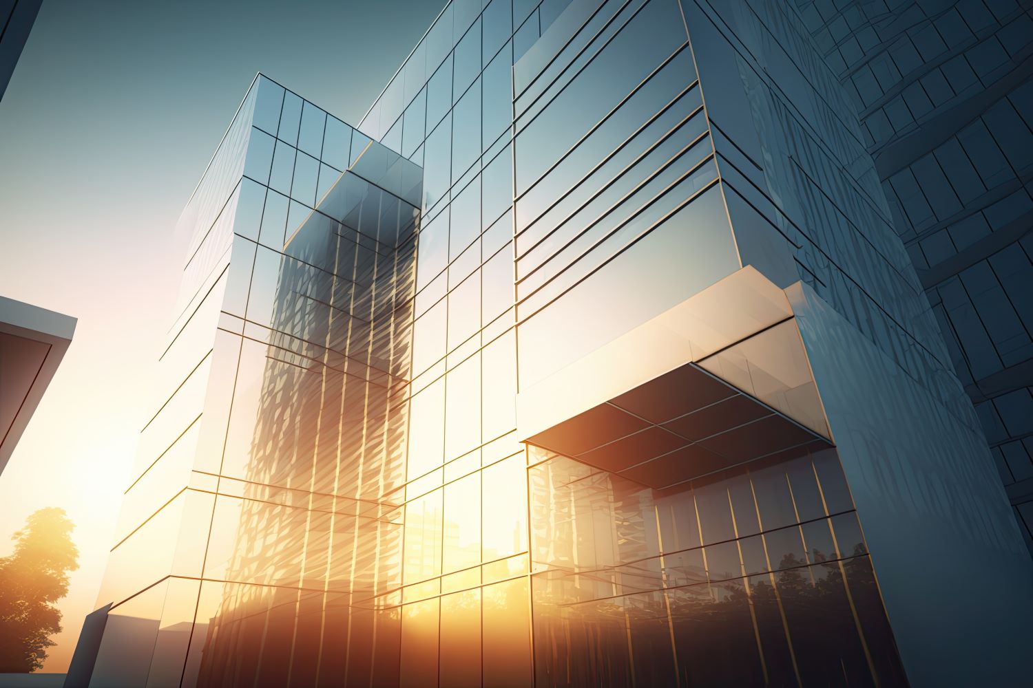 A futuristic corporate building bathed in sunlight, suggesting the potential bright future of digital private banking in a digital age