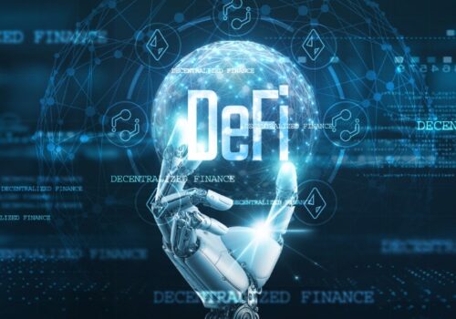 Robot hand holding a digital globe symbolizing DeFi, blockchain, and TradFi interconnections