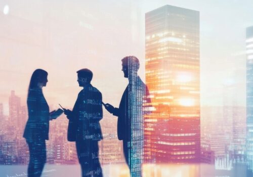 Silhouettes of three professionals with digital finance overlay symbolizing future of jobs in banking