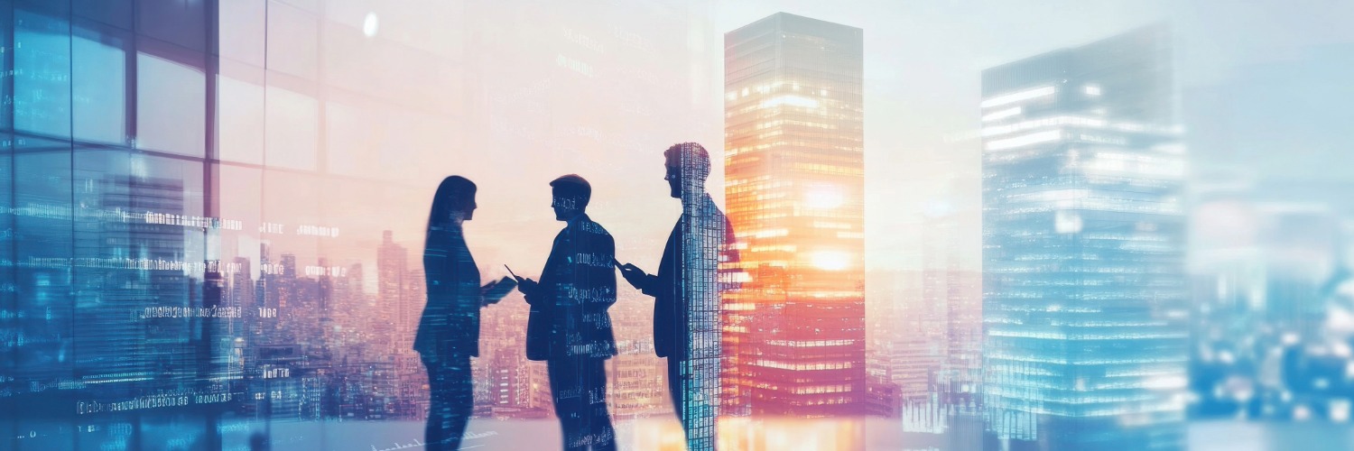 Silhouettes of three professionals with digital finance overlay symbolizing future of jobs in banking