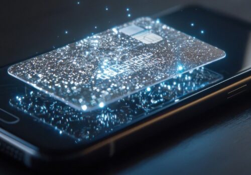 Futuristic smartphone with holographic credit card symbolizing digital client experience in private banking
