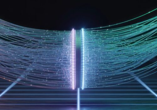 Abstract digital flows in turquoise and orange converging to symbolize integration of digital finance and traditional markets
