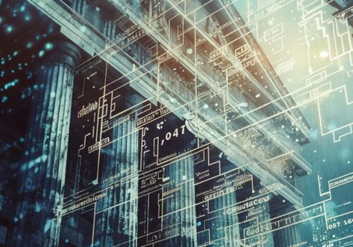 Neoclassical banking architecture merging with digital stock market data and financial analytics, symbolizing fintech and private banking convergence