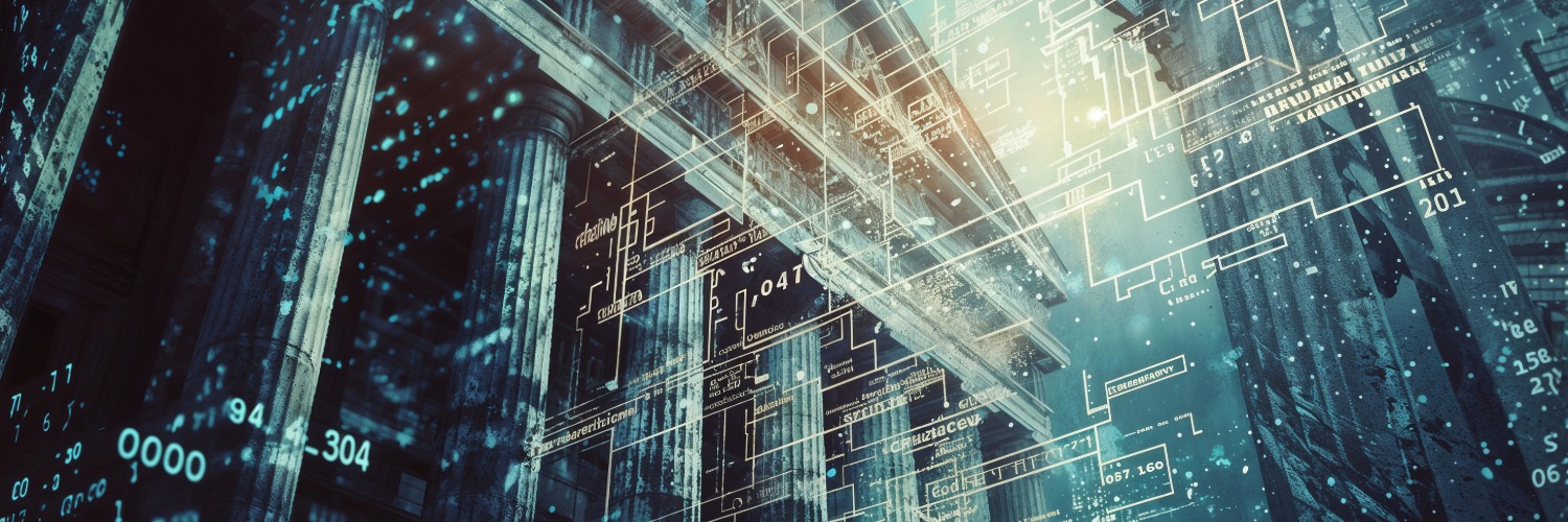Neoclassical banking architecture merging with digital stock market data and financial analytics, symbolizing fintech and private banking convergence